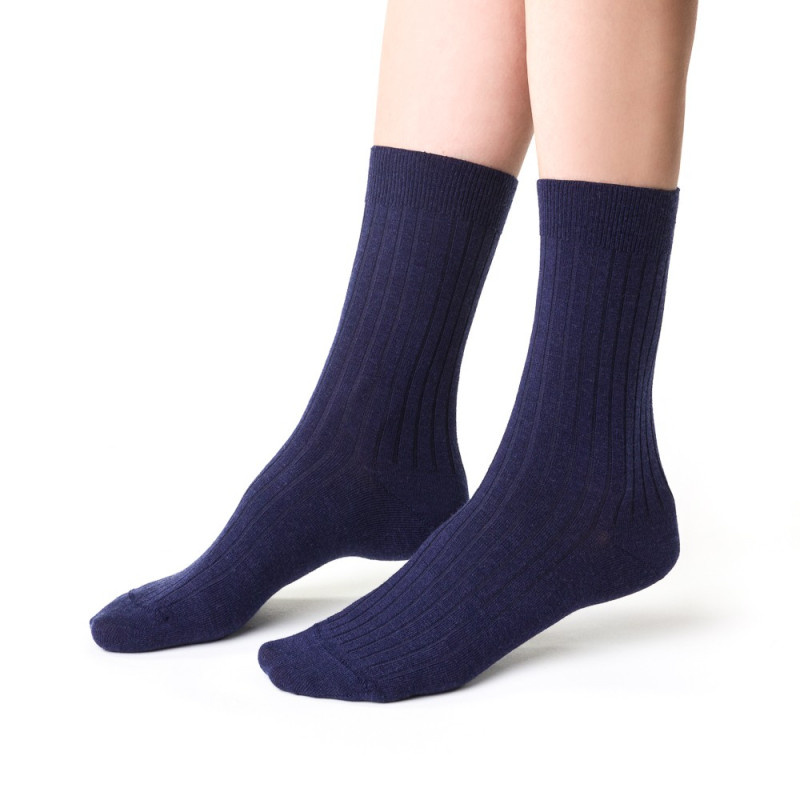 Skarpetki MERINO WOOL z wełny merynosów w prążki dla kobiet GRANATOWE
