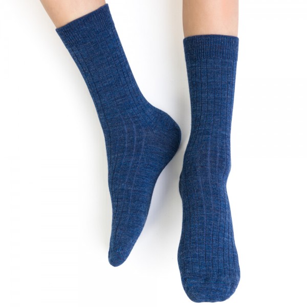 Skarpetki z wełny merynosów bezuciskowe w prążki jeans
