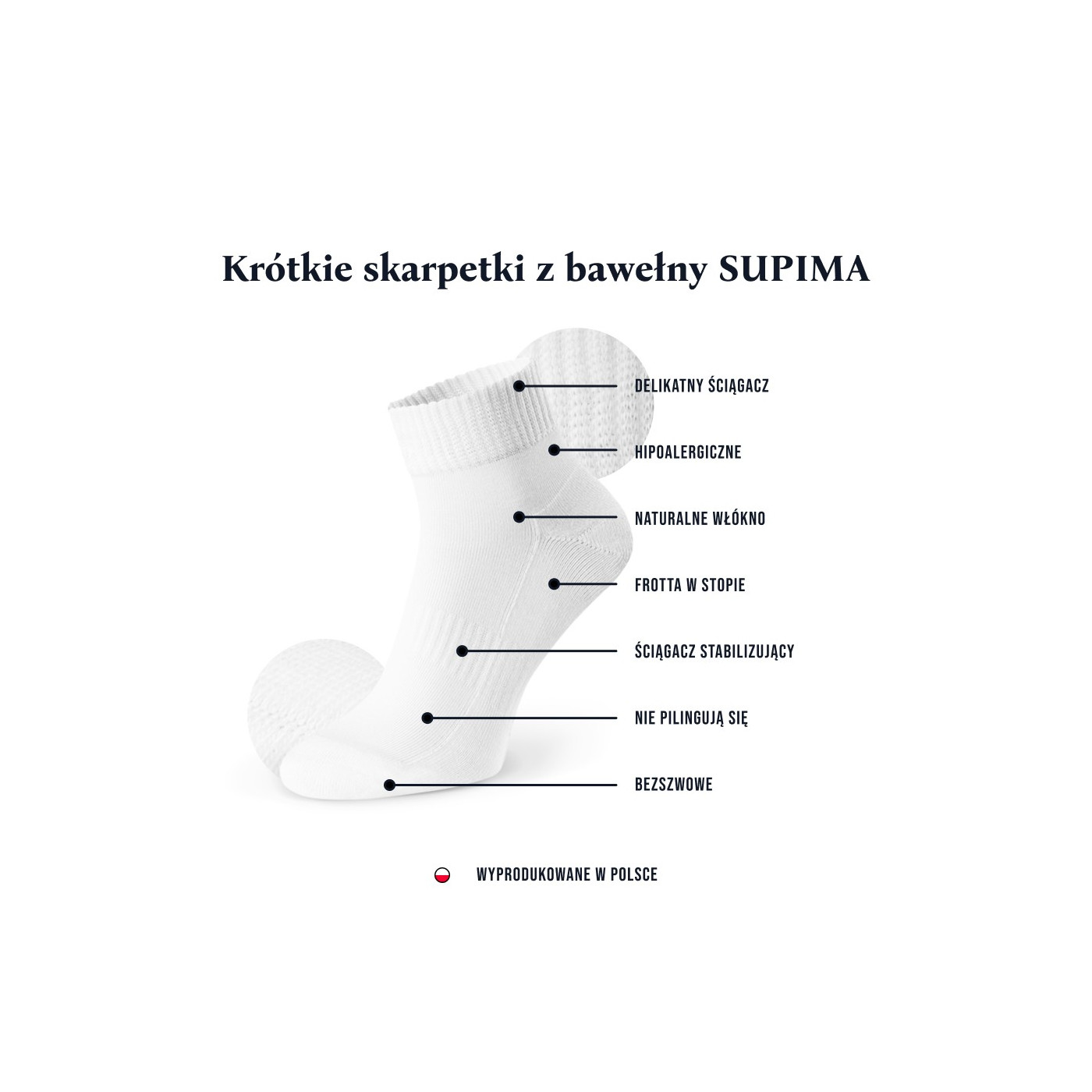 Krótkie skarpetki półfrotte młodzieżowe z bawełny SUPIMA białe