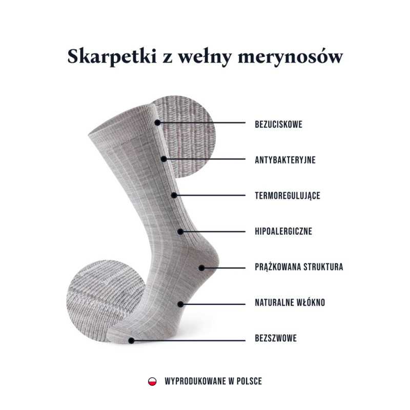 Skarpety MERINO WOOL z wełny merynosa prążkowane bezuciskowe dla mężczyzn GRANATOWE