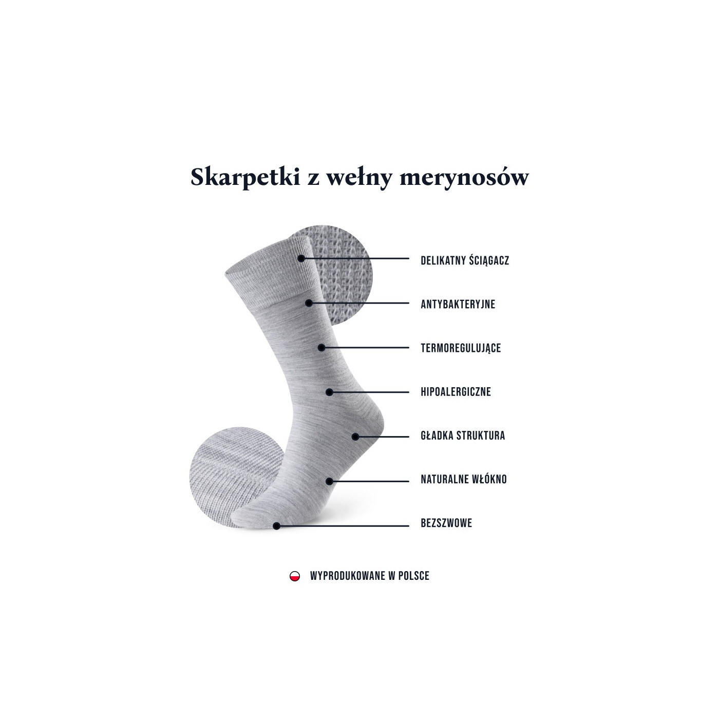 Granatowe skarpety męskie eleganckie z wełny merynosów - polskiej produkcji.
