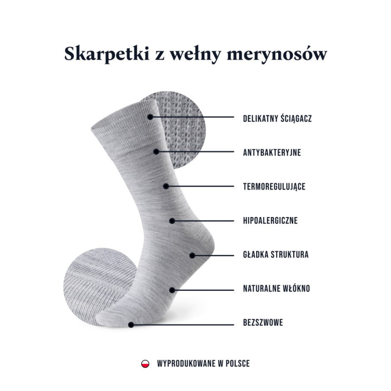 Granatowe skarpety męskie eleganckie z wełny merynosów - polskiej produkcji.