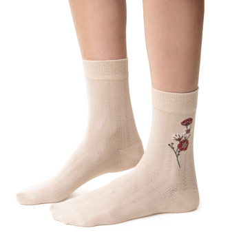 Skarpetki bawełniane w kwiatki jasnobeżowe