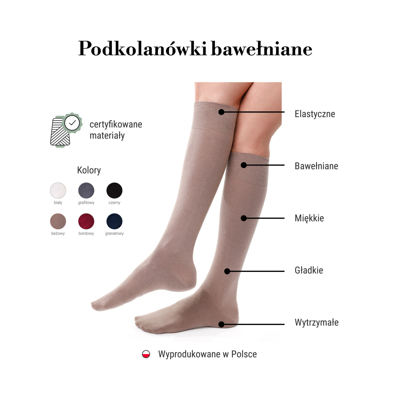 Długie skarpety do kolan w kolorze granatowym - podkolanówki bawełniane damskie
