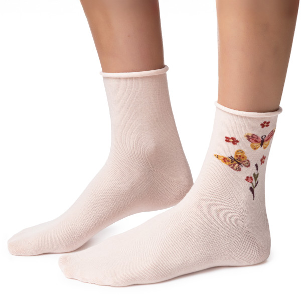 Skarpetki z bezuciskowym ściągaczem w motylki różowe