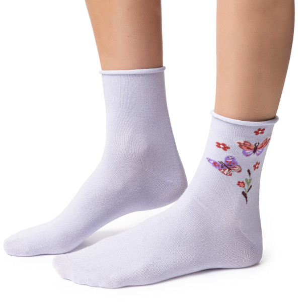 Skarpetki z bezuciskowym ściągaczem w motyli fioletowe