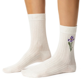 Skarpetki retro z kwiatem ecru